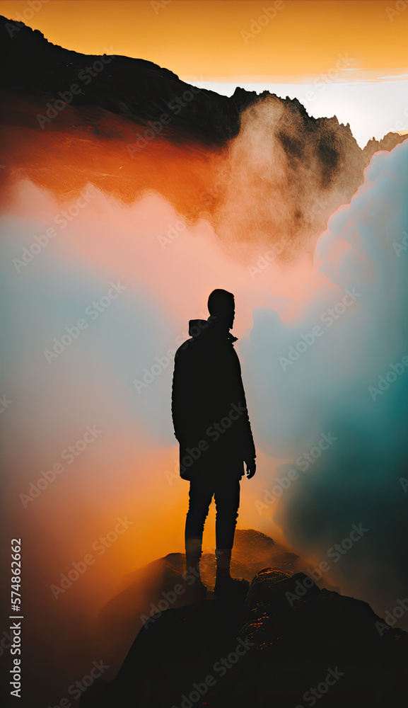 A person standing at the edge of a cliff in the fog created using generative ai A person standing at the edge of a cliff in the fog created using generative ai