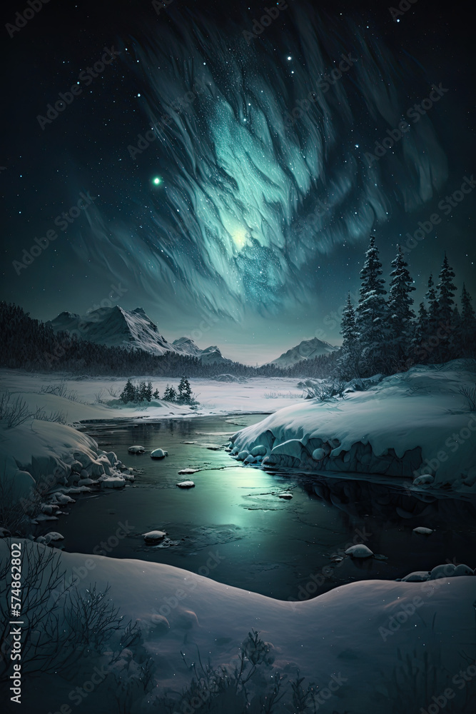 A Dazzling Landscape of Frozen Ponds Pines, Stars and Floating Lights created using generative ai