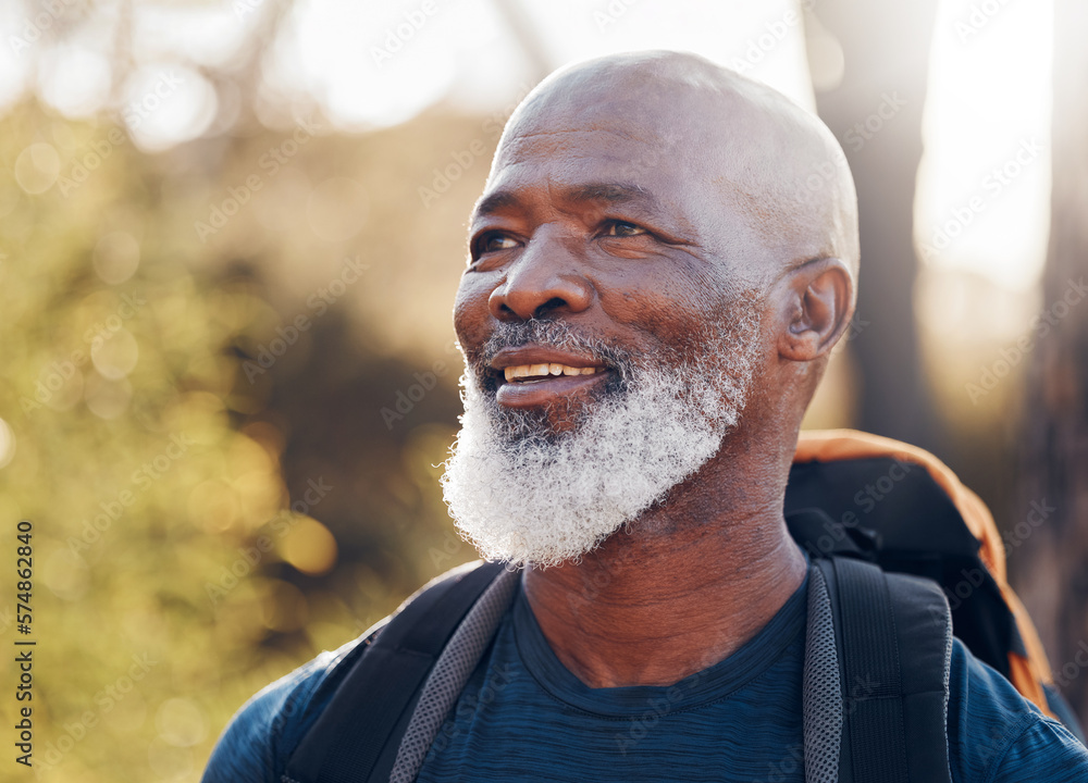 Hiking, forest and senior black man for travel adventure, cardio fitness and outdoor journey. Happy person or elderly hiker with backpack trekking in woods, nature or countryside health and wellness Hiking, forest and senior black man for travel adventure, cardio fitness and outdoor journey. Happy person or elderly hiker with backpack trekking in woods, nature or countryside health and wellness