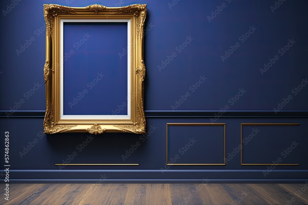 Antique art fair gallery frame on a royal blue museum or auction house wall. Blank prototype design template with white copyspace. Generative AI - obrazy, fototapety, plakaty 