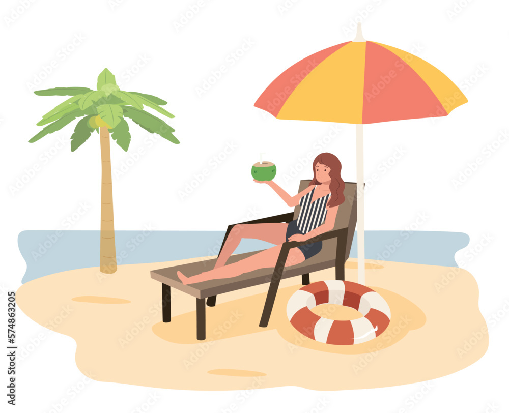 young woman relaxing on the beach with coconut drinks juice ,woman sit on seat under an umbrella. Flat vector illustration