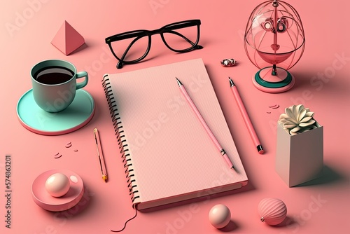 floating in the air are a notebook, a pen, glasses, a lamp, a mouse, and coffee. studies, online learning, computers, work, and stress concepts. Background in pink. Generative AI