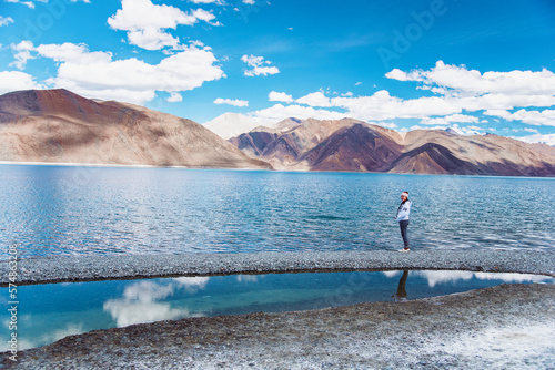 Happy Girl travel to Pangong lake, Leh Ladakh, India