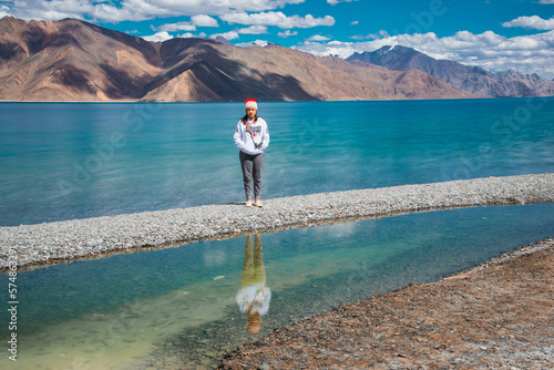 Happy Girl travel to Pangong lake, Leh Ladakh, India