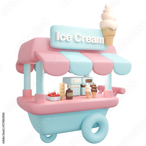 3D Rendering food shop soft serve ice cream vendor street food concept isolated on white cartoon style. 3D Render illustration.