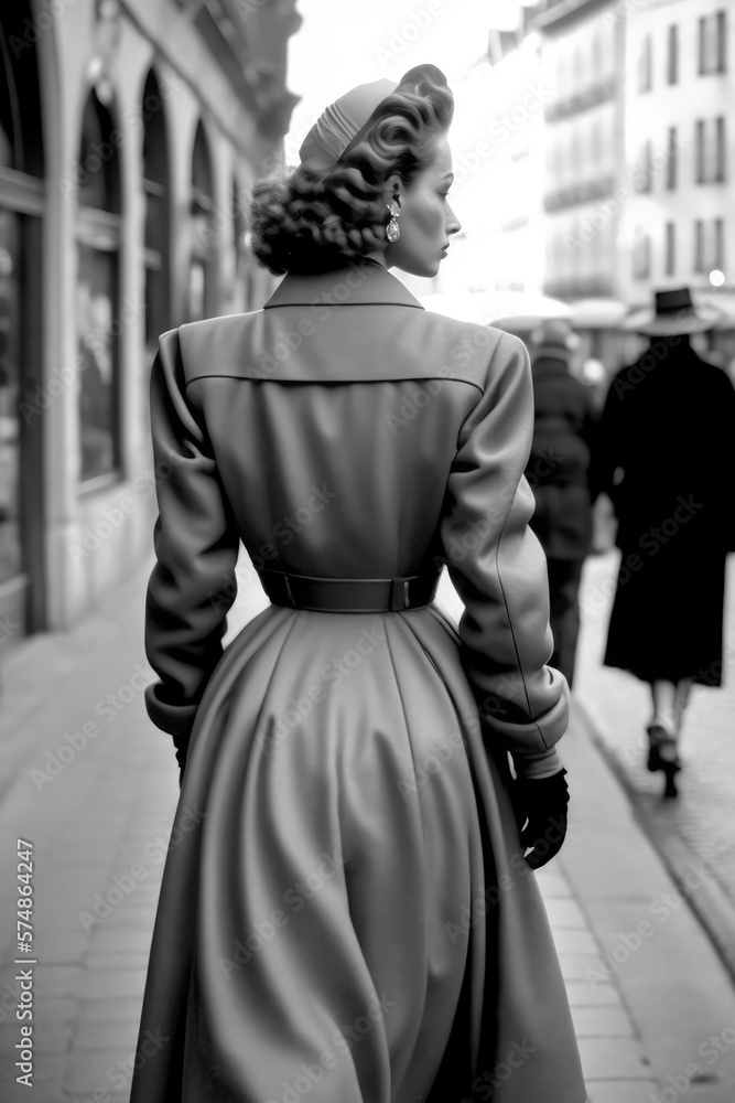 elegant young woman walking in an European city street in 1948. monochromatic vintage. generative AI elegant young woman walking in an European city street in 1948. monochromatic vintage. generative AI