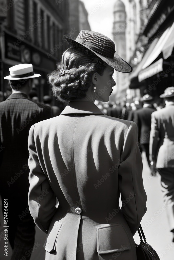 Obraz premium elegant young woman walking in an European street in 1948. monochromatic vintage. generative AI 