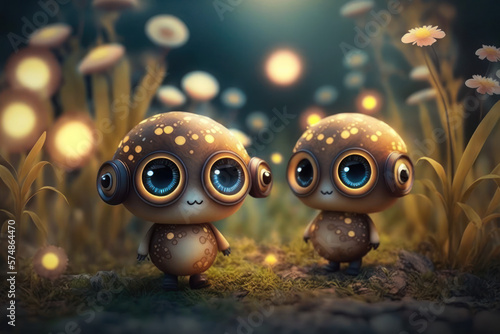 Adorable miniature fantasy cartoon mushroom people beings closeup with giant blue eyes, smiles, and a natural background with grass and flowers, bokeh, ai. photo