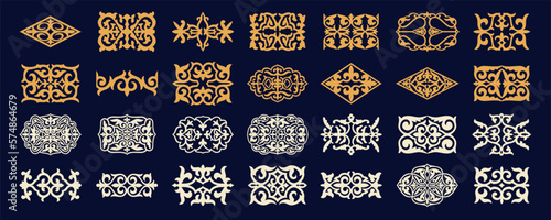 Set of islamic ornaments in vector, persian motiff. 3d ramadan islamic round pattern elements. Geometric logo template set. Circular ornamental arabic symbols. National pattern of the Kazakhs, Kyrgyz