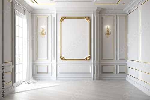 Leinwand Poster White, empty room with golden moldings for mockup,. Generative AI