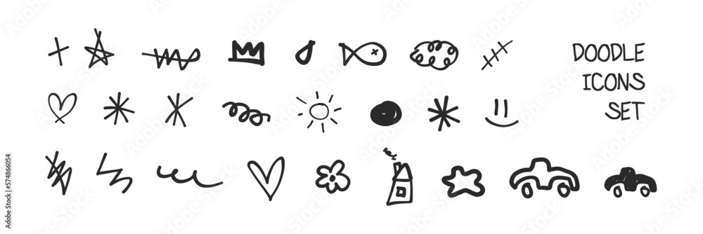 Doodle icons set. Pen, pencil or marker handdrawn scribble children painting, y2k, brutalist cute web icons. Fish, clouds, heart, flower, sun dark black ink paintings. (Full Vector)