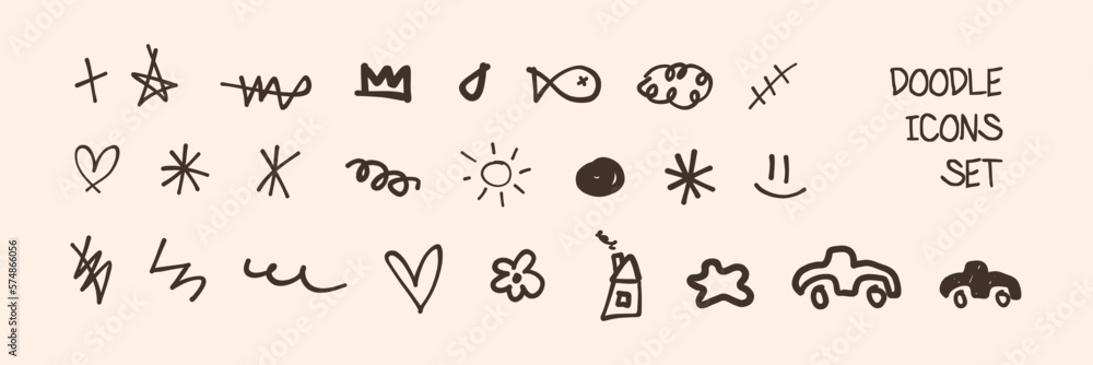 Doodle icons set. Pen, pencil or marker handdrawn scribble children painting, y2k, brutalist cute web icons. Fish, clouds, heart, flower, sun dark brown ink coffee paintings. (Full Vector)