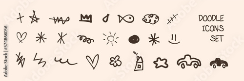 Doodle icons set. Pen  pencil or marker handdrawn scribble children painting  y2k  brutalist cute web icons. Fish  clouds  heart  flower  sun dark brown ink coffee paintings.  Full Vector 