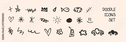 Doodle icons set. Pencil, pen or marker child handdrawn scribble sketch coffee brown ink drawings. Weather, enviroment, educational kindergarden images. (Full Vector)