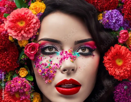 Woman face covered with colorful flowers, open mouth, red lipstick. AI generated.
