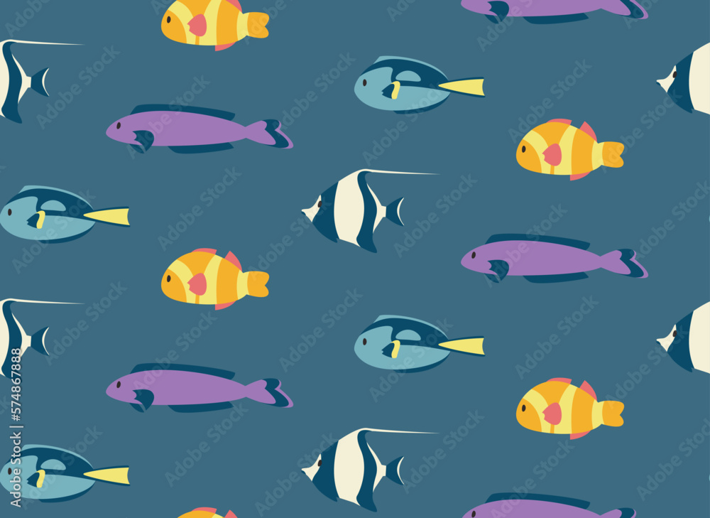 Seamless patterns with different fish. Beautiful underwater world texture in flat style. Seamless patterns with different fish. Beautiful underwater world texture in flat style.