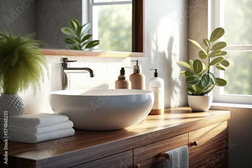 A wooden vanity counter, white ceramic sink, and modern faucet are in a bathroom with morning sunlight and shadow. Blank product mockup. Generative AI