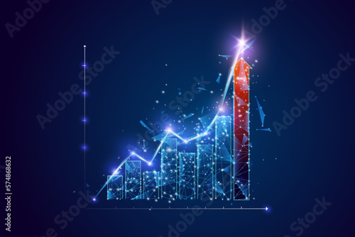 Growth chart in glowing blue. Low polygon or low poly design. Wireframe light connection structure. Vector wireframe concept.	