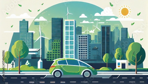 he green and clean city of the future. Smart city concept. Background for marketing or blog. 
Electromobility, electric cars. Renewable energy. Generative AI photo