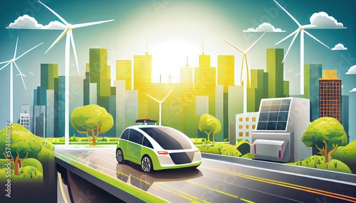 he green and clean city of the future. Smart city concept. Background for marketing or blog. 
Electromobility, electric cars. Renewable energy. Generative AI photo