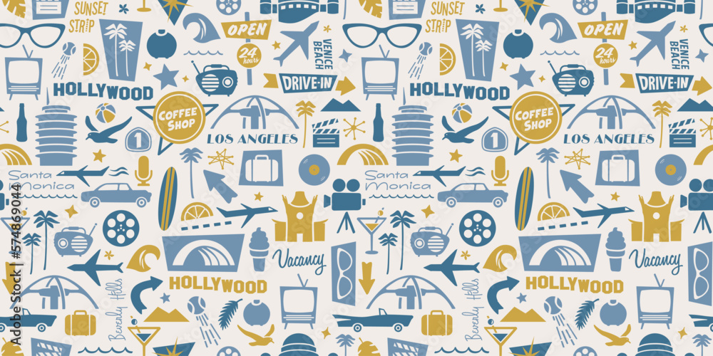 Los Angeles Icons Retro Pattern Seamless L.A. Background Illustrated Googie Design