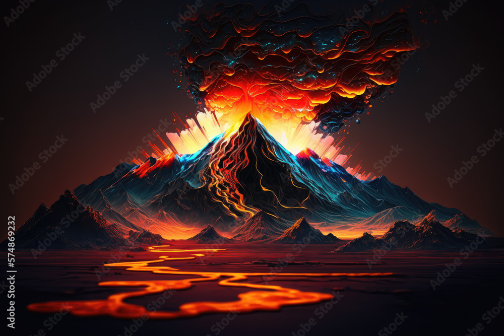 Epic Dark Volcano Illustration With Lava Flowing. 