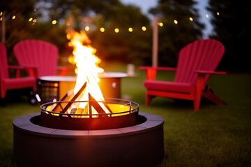 Outdoor fire pit in the backyard with lawn chairs seating on a late summer night, generative ai