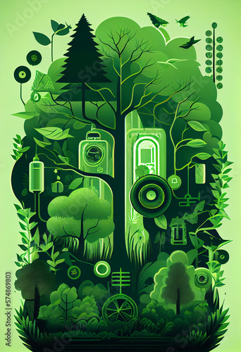Illustration of green forest with icons of Environmental technology and renewable energy concept