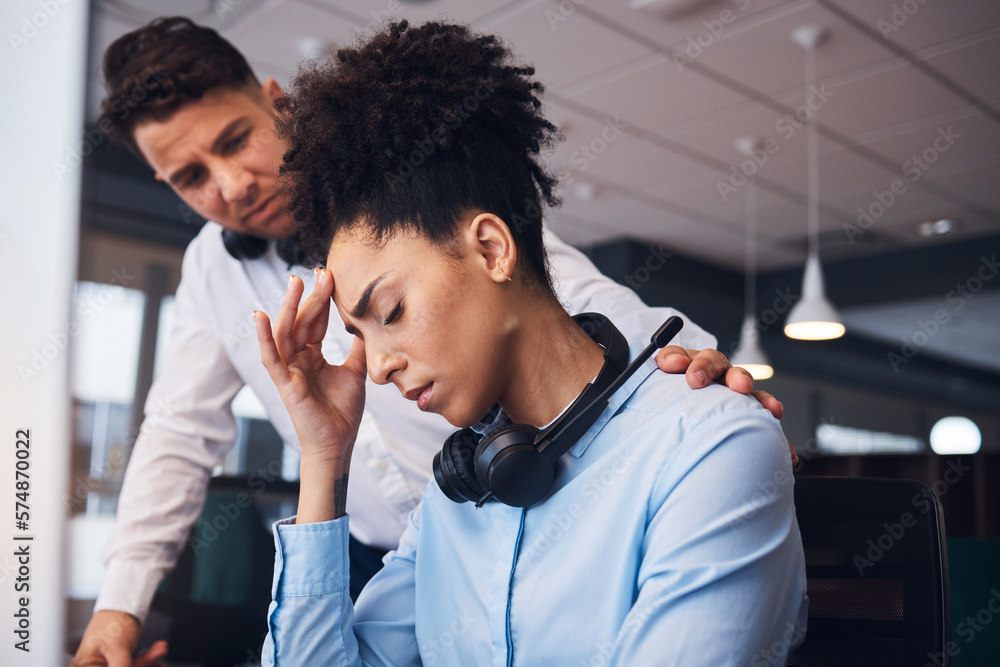 Burnout, call center and black woman with headache in office with colleague for help, comfort and support. Stress, girl and tired while consulting for crm, telemarketing and customer service online Burnout, call center and black woman with headache in office with colleague for help, comfort and support. Stress, girl and tired while consulting for crm, telemarketing and customer service online