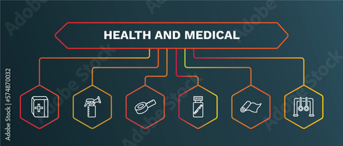 set of health and medical white thin line icons. health and medical outline icons with infographic template. linear icons such as breast pump, measure tape, proteins, yoga mat, rings vector.