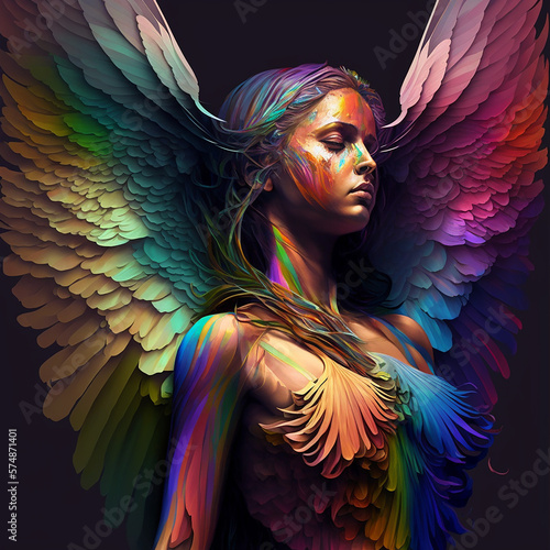 Colorful portrait of an angel woman with wings. Religious Christianity motive.