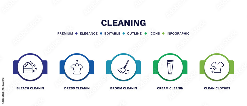 set of cleaning thin line icons. cleaning outline icons with infographic template. linear icons such as bleach cleanin, dress cleanin, broom cleanin, cream clean clothes vector. set of cleaning thin line icons. cleaning outline icons with infographic template. linear icons such as bleach cleanin, dress cleanin, broom cleanin, cream clean clothes vector.