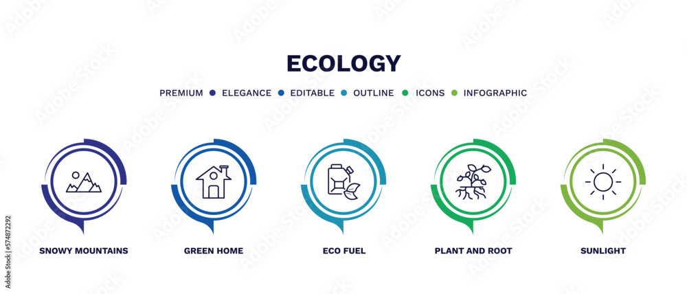 set of ecology thin line icons. ecology outline icons with infographic template. linear icons such as snowy mountains, green home, eco fuel, plant and root, sunlight vector. set of ecology thin line icons. ecology outline icons with infographic template. linear icons such as snowy mountains, green home, eco fuel, plant and root, sunlight vector.