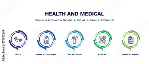 set of health and medical thin line icons. health and medical outline icons with infographic template. linear icons such as pills, medical checklist, breast pump, band aid, report vector.