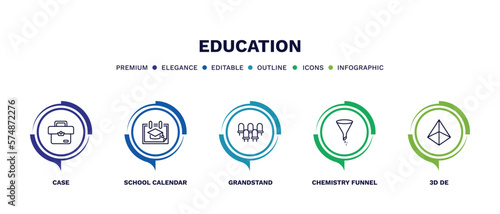 set of education thin line icons. education outline icons with infographic template. linear icons such as case, school calendar, grandstand, chemistry funnel, 3d de vector.