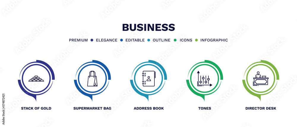Fototapeta premium set of business thin line icons. business outline icons with infographic template. linear icons such as stack of gold, supermarket bag, address book, tones, director desk vector.