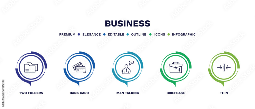 set of business thin line icons. business outline icons with infographic template. linear icons such as two folders, bank card, man talking, briefcase, thin vector.