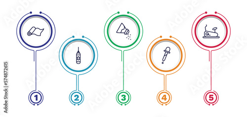 set of health and medical thin line icons. health and medical outline icons with infographic template. linear icons such as yoga mat, salt, stationary bike, punching bag, pipette vector.