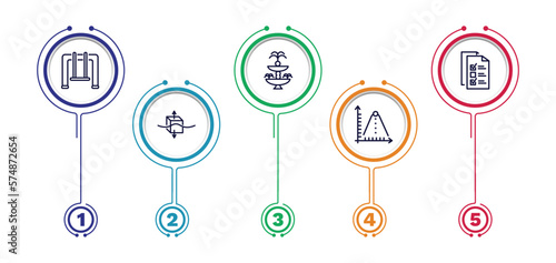 set of education thin line icons. education outline icons with infographic template. linear icons such as swinging, fountain, final test, archimedes principle, ballistic vector.