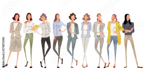 ベクターイラスト素材：考える、疑問を持つ女性たち、ビジネス人物セット
