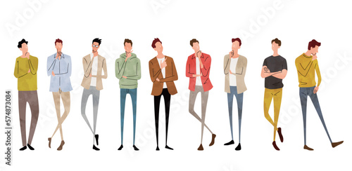 ベクターイラスト素材：考える、疑問を持つ男性たち、人物セット
