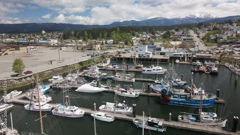 Aerial View of Fishing and Pleasure Boats Docked at Port Alberni Harbor Docks in Vancouver Island, British Columbia Canada Aerial View of Fishing and Pleasure Boats Docked at Port Alberni Harbor Docks in Vancouver Island, British Columbia Canada