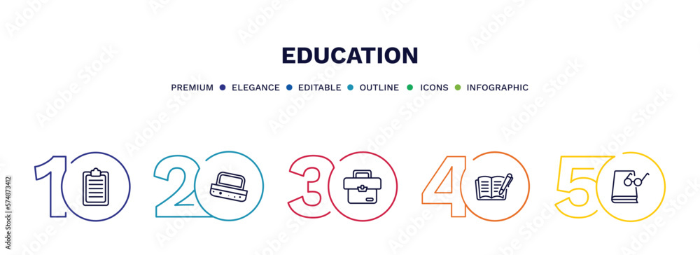 set of education thin line icons. education outline icons with infographic template. linear icons such as written clipboard, blackboard eraser, case, book with marker, book and glasses vector. set of education thin line icons. education outline icons with infographic template. linear icons such as written clipboard, blackboard eraser, case, book with marker, book and glasses vector.