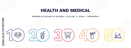 set of health and medical thin line icons. health and medical outline icons with infographic template. linear icons such as girl, juice, abs, breast pump, stationary bike vector.