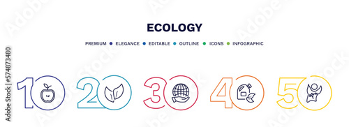 set of ecology thin line icons. ecology outline icons with infographic template. linear icons such as half, two leaves, globe on hand, biodiesel, eco volunteer vector.