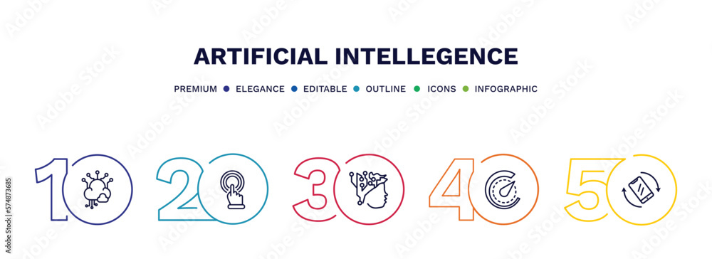 set of artificial intellegence thin line icons. artificial intellegence outline icons with infographic template. linear icons such as big data, touch screen, intelligence, velocity, tilt vector.