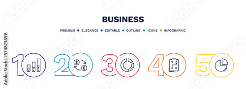 set of business thin line icons. business outline icons with infographic template. linear icons such as ranking factor, currencies, pie chart statistics, tactic, pie graphic vector.