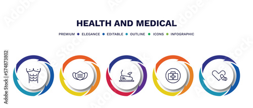 set of health and medical thin line icons. health and medical outline icons with infographic template. linear icons such as abs, medical mask, stationary bike, antibiotics vector.