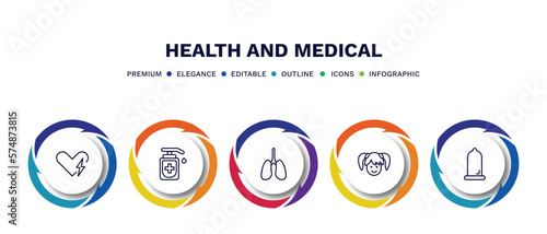 set of health and medical thin line icons. health and medical outline icons with infographic template. linear icons such as defibrillator, desinfectant, lung, girl, condom vector.