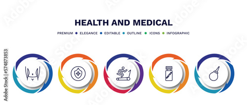 set of health and medical thin line icons. health and medical outline icons with infographic template. linear icons such as body, medical shield, treadmill, proteins, enema vector.